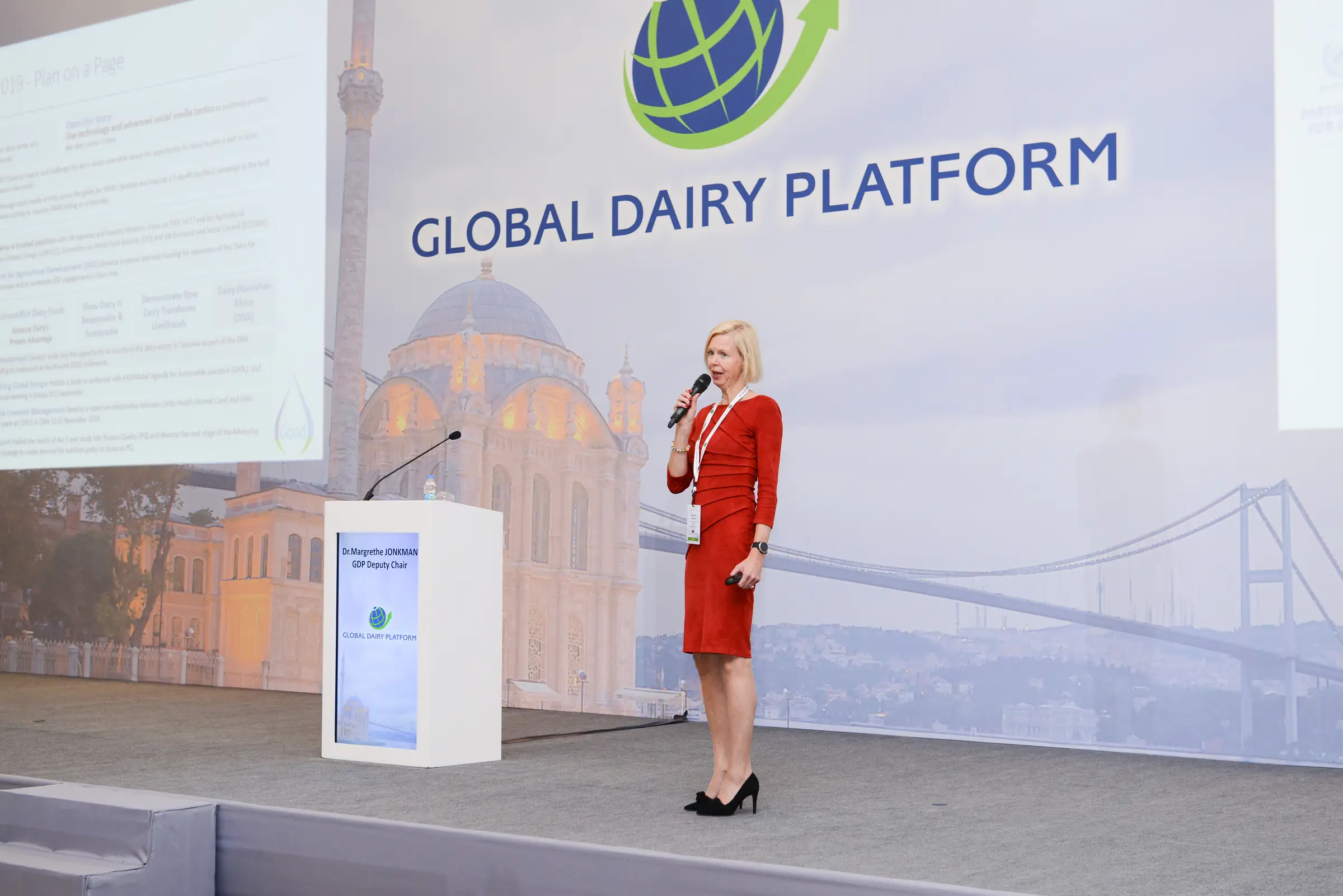 Speaker on stage in front of a wide projected backdrop at an annual meeting