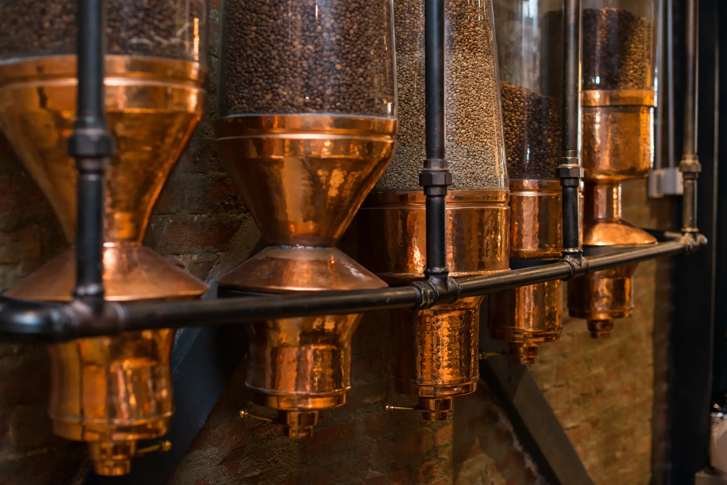 Row of copper coffee grinders filled with beans above the bar