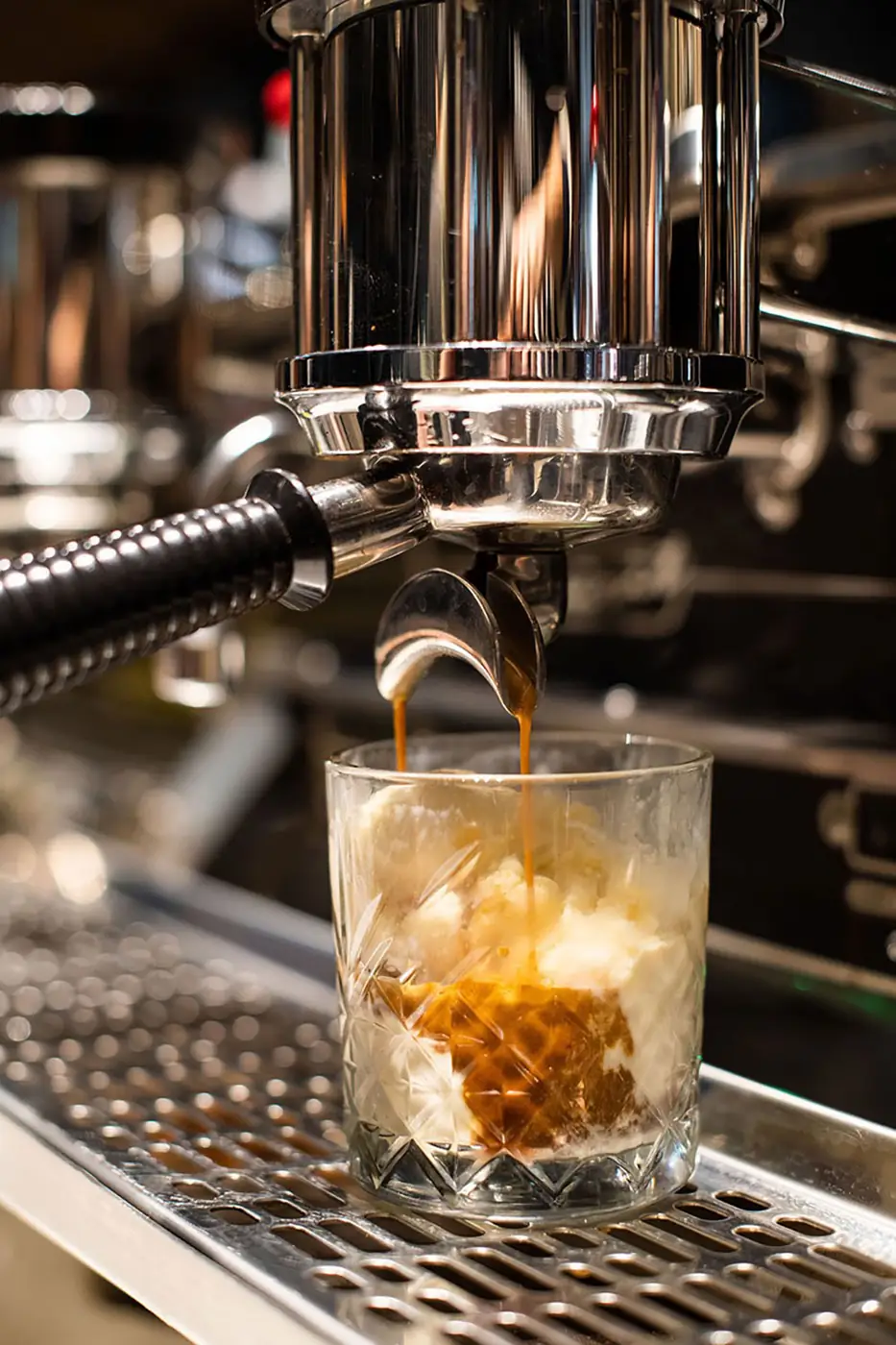 Espresso extraction over ice under a machine group head