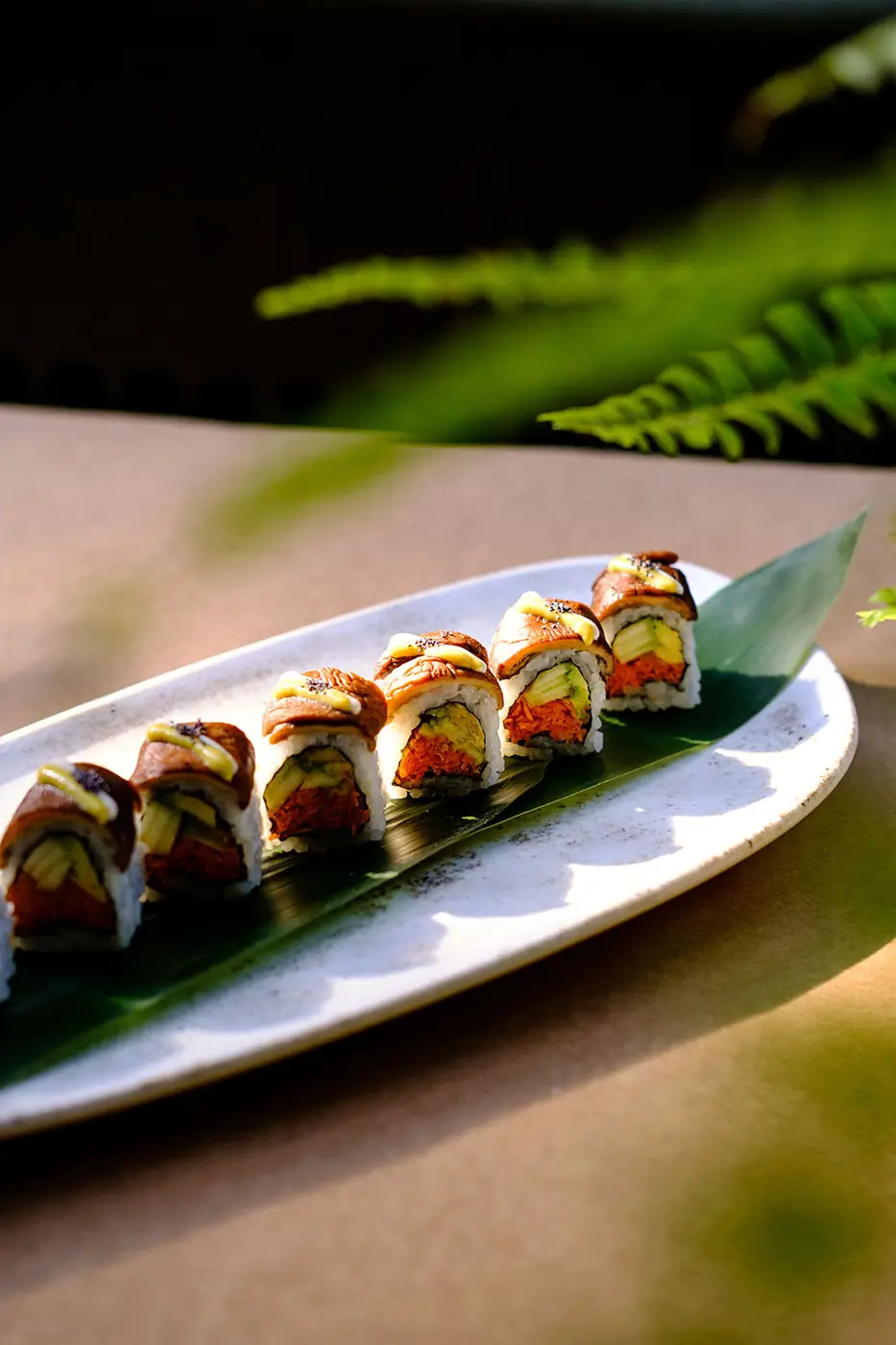 Sushi rolls plated on a dark leaf and long white dish
